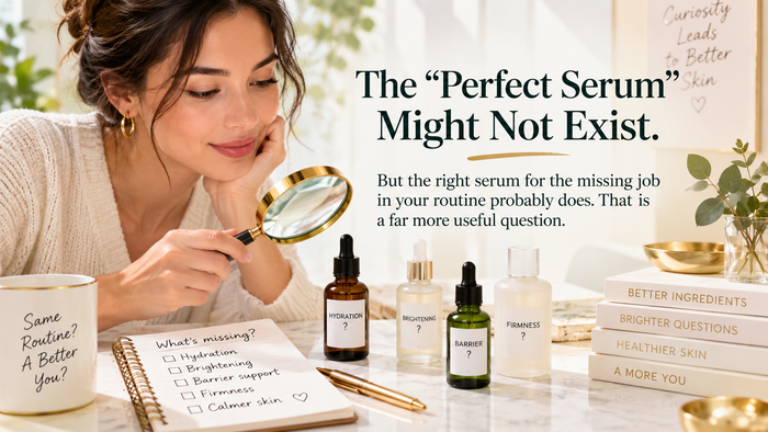 Skincare routine banner about the perfect serum not existing