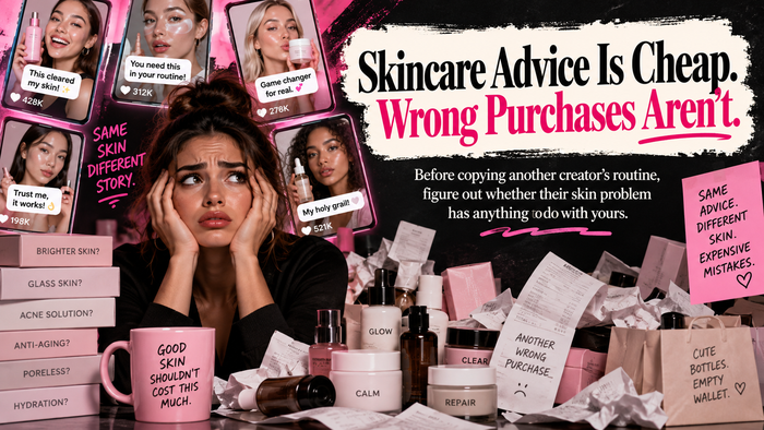 Skincare routine banner about cheap advice and expensive wrong purchases