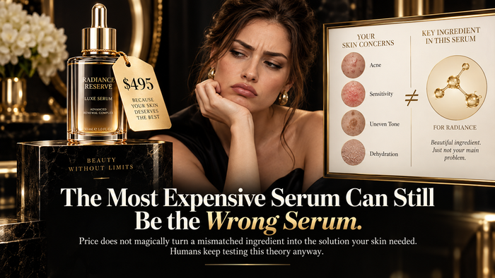 Skincare routine banner about the most expensive serum still being the wrong one