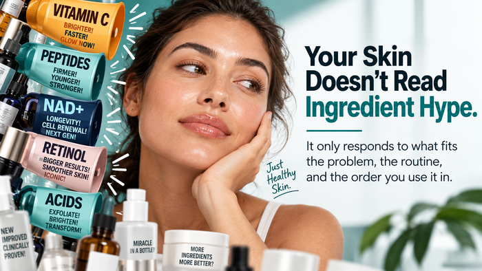 Skincare routine banner about ingredient hype versus what skin actually needs