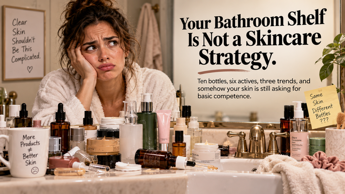 Skincare routine banner about a bathroom shelf not being a skincare strategy
