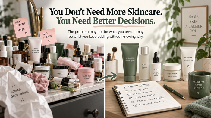 Skincare routine banner about needing better skincare decisions, not more skincare