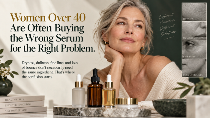 Skincare routine banner about women over 40 buying the wrong serum for the right problem