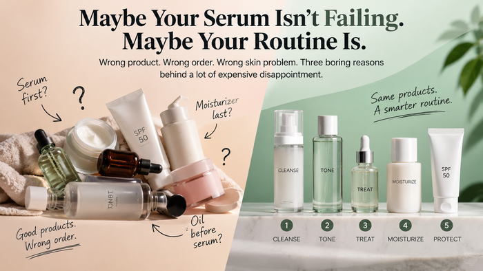 Skincare routine banner about your serum not failing, your routine is