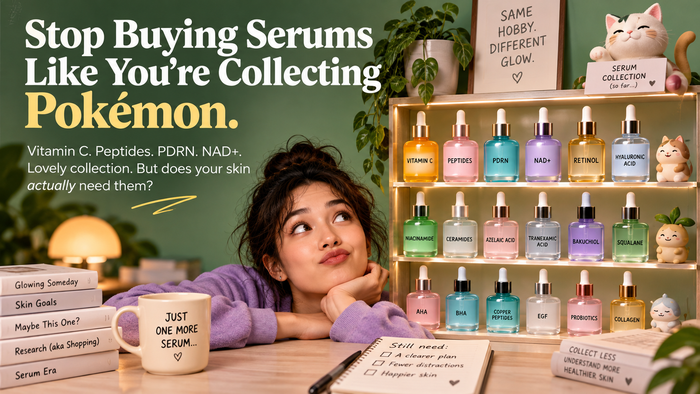 Skincare routine banner about collecting serums like Pokemon